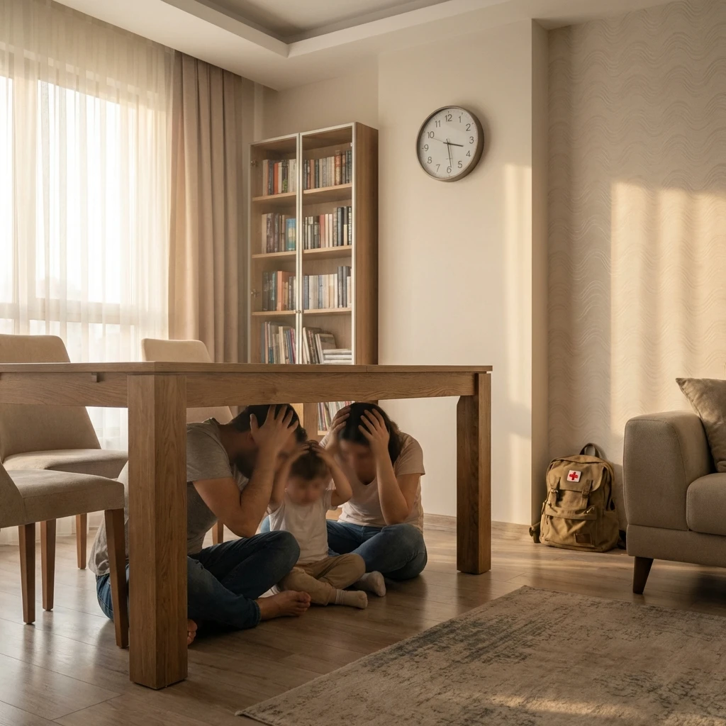 Deprem anında çök-kapan-tutun uygulayan bir aile