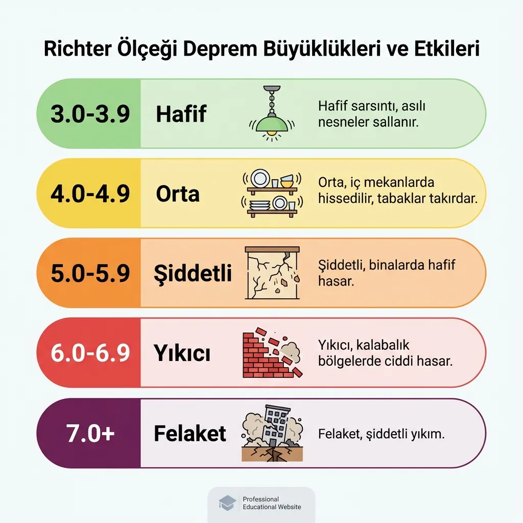 Richter ölçeğine göre deprem büyüklükleri ve etkileri infografiği